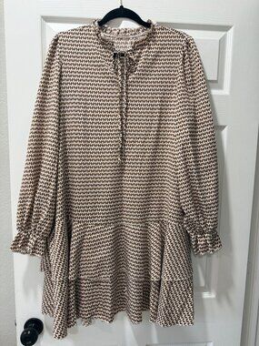 SHEIN Brown Houndstooth Long Sleeve Dress with Ruffle Hem XL